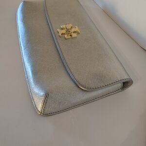 Tory Burch Silver Metallic Clutch with Gold Logo